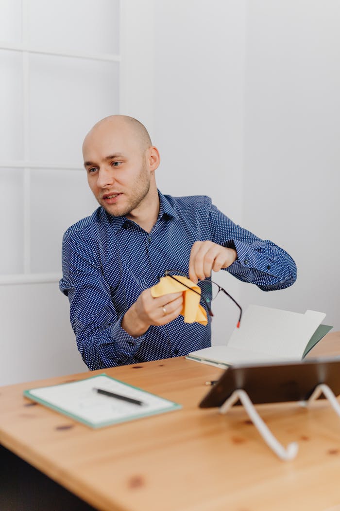 Bald man sitting at a desk cleaning a tablet with a cloth in an office setting.